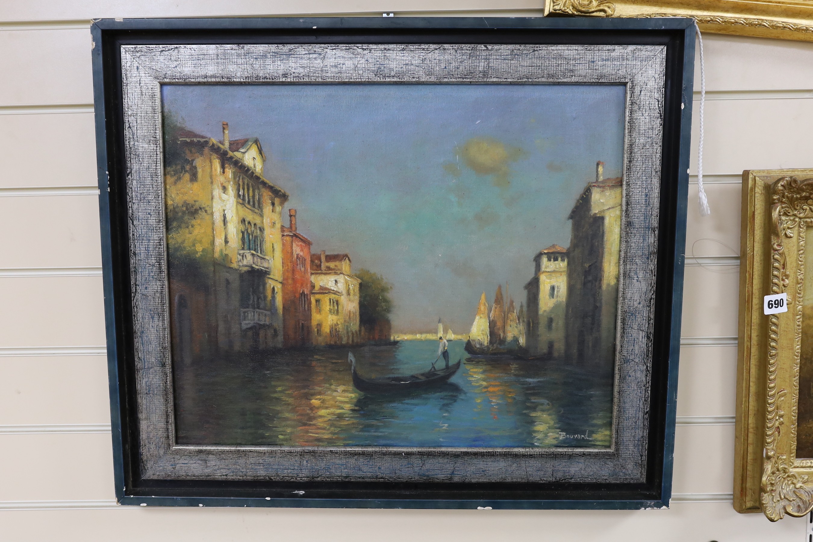 After Bouvard, oil on canvas board, Venetian canal scene, bears signature, 44 x 54cm